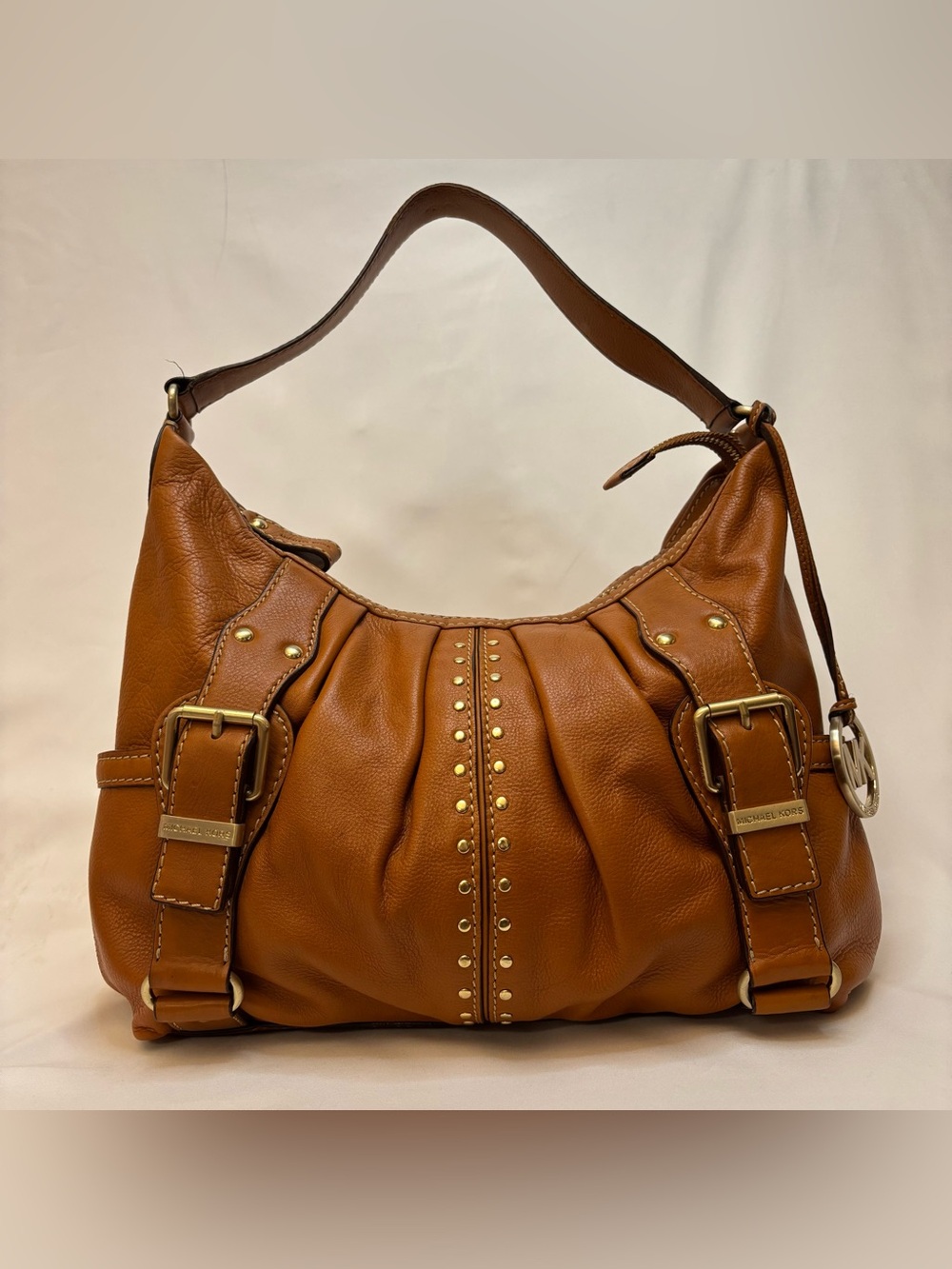 Vintage Michael Kors Astor Cognac Pebbled Leather Studded Hobo Shoulder Bag - Picture 7 of 9